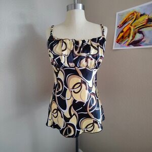 Vintage Y2K Babydoll Satin Tank Gold Abstract Print Braid USA Indie 2000s XL